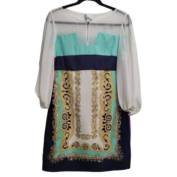 Donna Morgan‎ multi-colored dress with sheer neck and sleeves - Picture 2 of 6